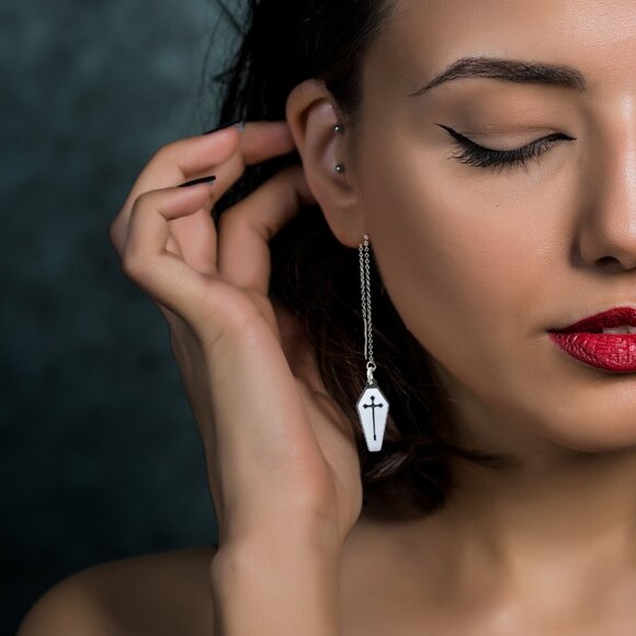 Handmade Feminine Gothic Coffin Threader Earrings - Picture 1 of 5